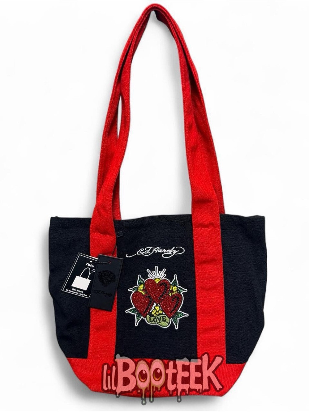 Ed Hardy Black & Red Canvas Mini Tote Bag w Rhinestone Heart Love Logo VIRAL Y2K